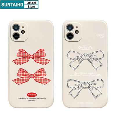 Suntaiho Lãng Mạn Gingham Nơ Họa Tiết Ốp Lưng Điện Thoại Silicon Mềm Cao Cấp Chống Sốc Cho iPhone 11 12 13 14 15 16 Pro max IP 7 8 Plus Iphon X Xs XR Xs max