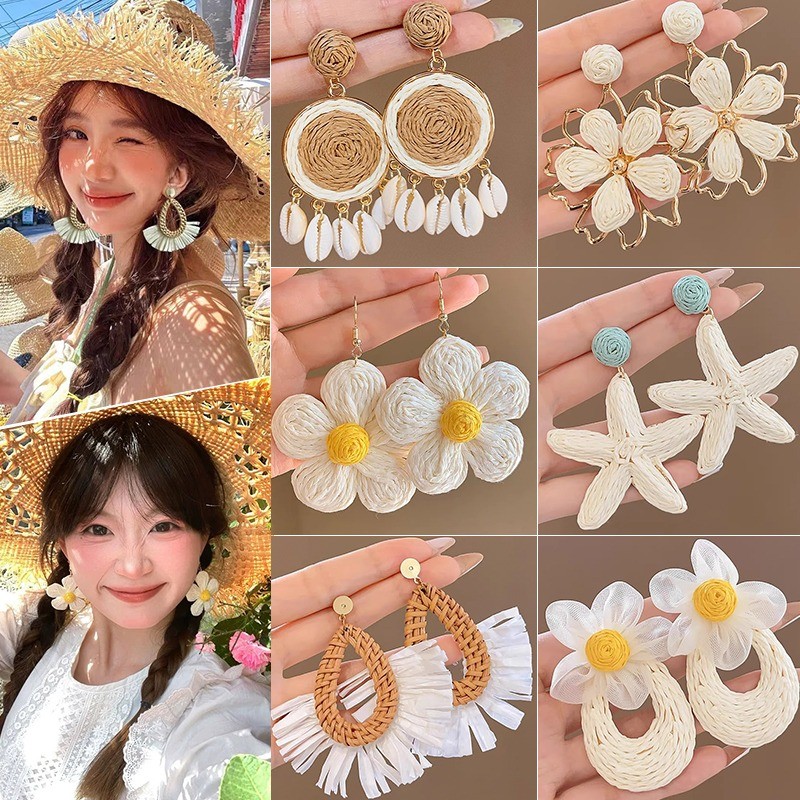 Bông tai hoa bện trắng Bông tai mùa hè Bohemian