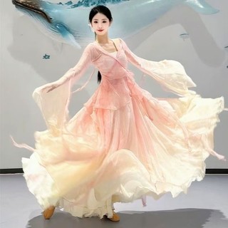 Trang phục biểu diễn múa cổ điển mới thanh lịch và thanh tao cho phụ nữ, bộ đồ gạc màu gradient phong cách cổ xưa Trung Quốc