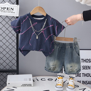 Mùa Hè Mới Quần Áo Cho Bé Phù Hợp Với Trẻ Em Bé Trai Áo Thun Cotton Lấp Lánh Có Hai Dây Chuyền + Quần Short Quần Jean Rách 2 Cái / bộ Trang Phục Thể Thao Thông Thường Cho Bé Bộ Đồ Thể Thao Trẻ Em