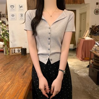 Áo thun cardigan cài nút kiểu mới kiểu Pháp Mùa Hè Nữ Ngắn Tay Cổ bẻ áo nữ