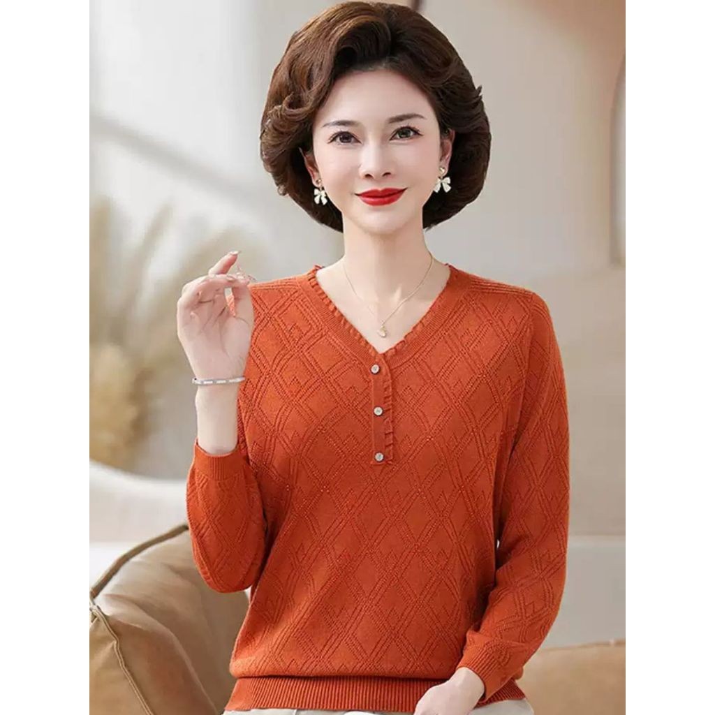Áo len mongtoghi nữ trung niên cho mẹ 60 tuổi 4LADY cổ tròn tay lỡ hàng quảng châu loại 1