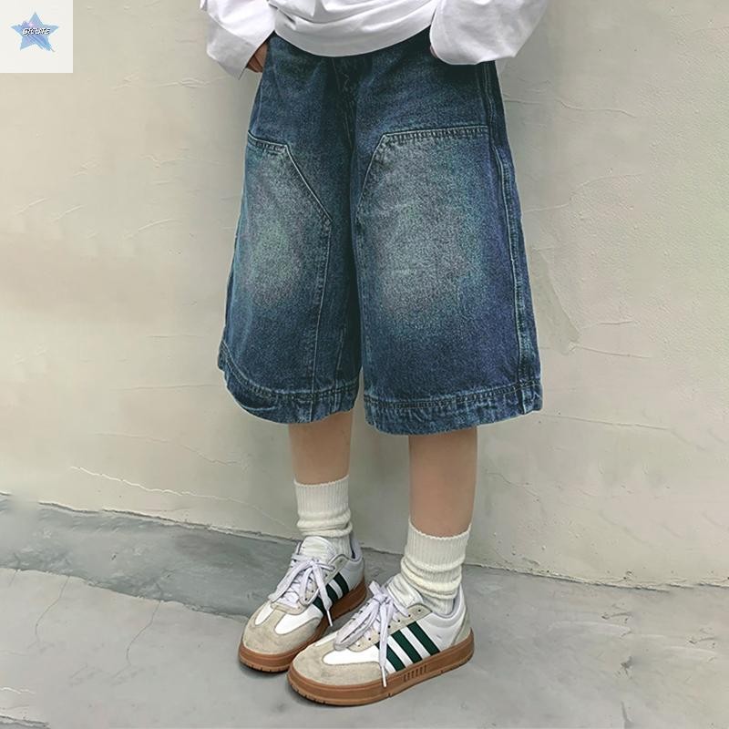 Gjcute Y2K Vintage Baggy Jean Quần Short Nữ Rửa Chân Rộng Capri Quần Thường Ngày Thùng Quần Jean Den
