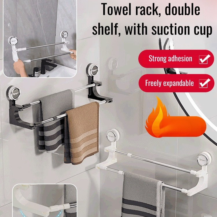 Rotating telescopic double rod bathroom storage rack suction cup punch-free towel rack bath towel ra