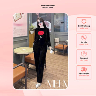  Set đồ nữ thu đông chất nhung thêu hình hoa trước ngực màu đen Hong Mai Tran ST16841 