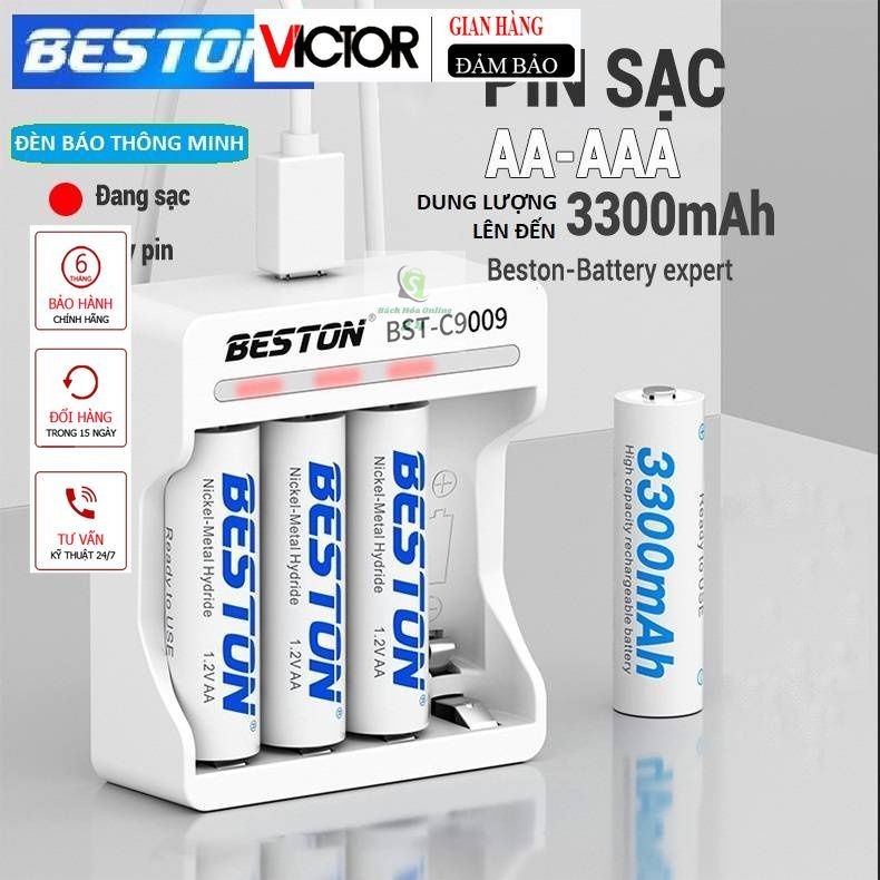 Bộ Sạc Pin AA, AAA Beston C9009 Tự ngắt khi đầy Sạc nhanh Có đèn báo đầy, Pin sạc chính hãng