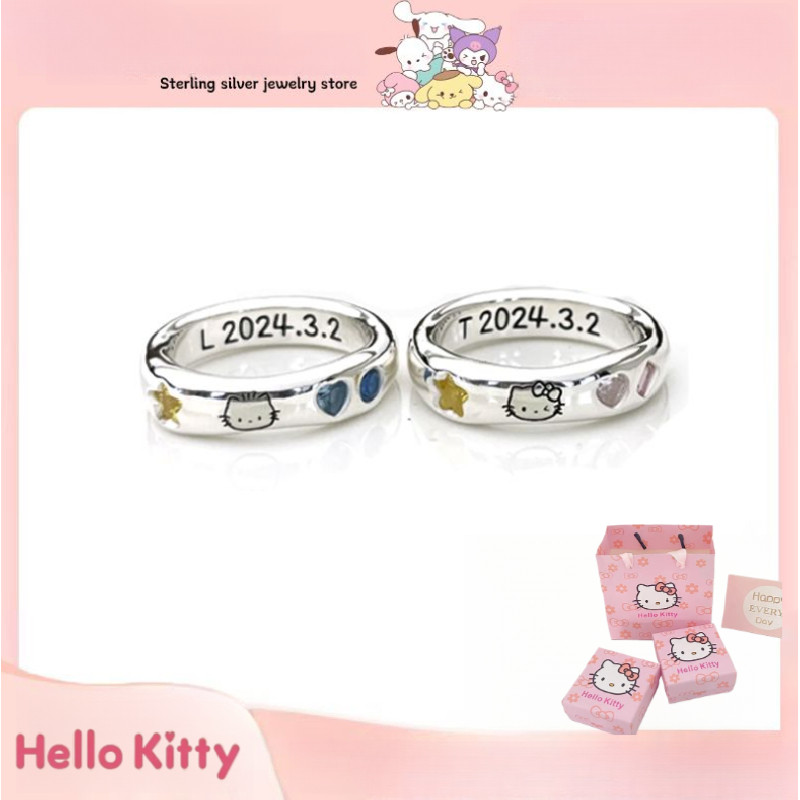 Nhẫn cặp bạc HelloKitty S925 Nhẫn bạc Daniel và Hello Kitty Trái tim tình yêu Zircon Nhẫn đôi Bạc 92