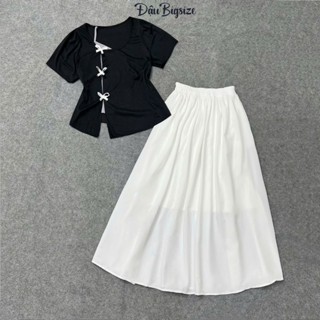 Bộ Đồ Bigsize Nữ  60-95kg (Có Lẻ Áo Váy) Áo Thun Big Size Cổ Tròn Phối Yếm Lệch Váy Dài Nàng Thơ SET(A273+CV15)