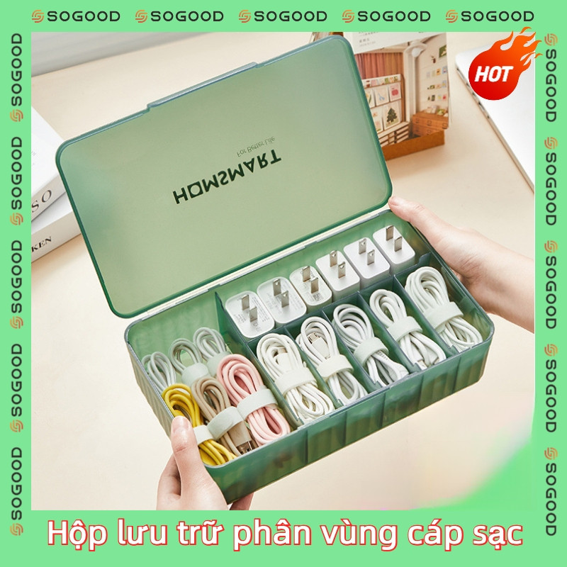  【Ship nhanh HCM Hộp Đựng Dây Cáp Sạc Truyền Dữ Liệu Đa Năng Sức Chứa Lớn Để Bàn Hộp 7 ngăn lưu trữ cáp sạc tai nghe đựng đồ lặt vặt trong suốt có nắp đậy chống bụi cứng cáp 