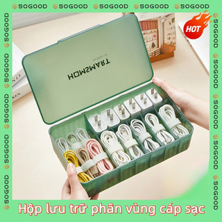  【Ship nhanh HCM Hộp Đựng Dây Cáp Sạc Truyền Dữ Liệu Đa Năng Sức Chứa Lớn Để Bàn Hộp 7 ngăn lưu trữ cáp sạc tai nghe đựng đồ lặt vặt trong suốt có nắp đậy chống bụi cứng cáp 