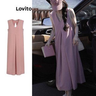 Đầm Lovito xẻ tà lưng màu trơn có nút thời trang thường ngày cho nữ LNE66498