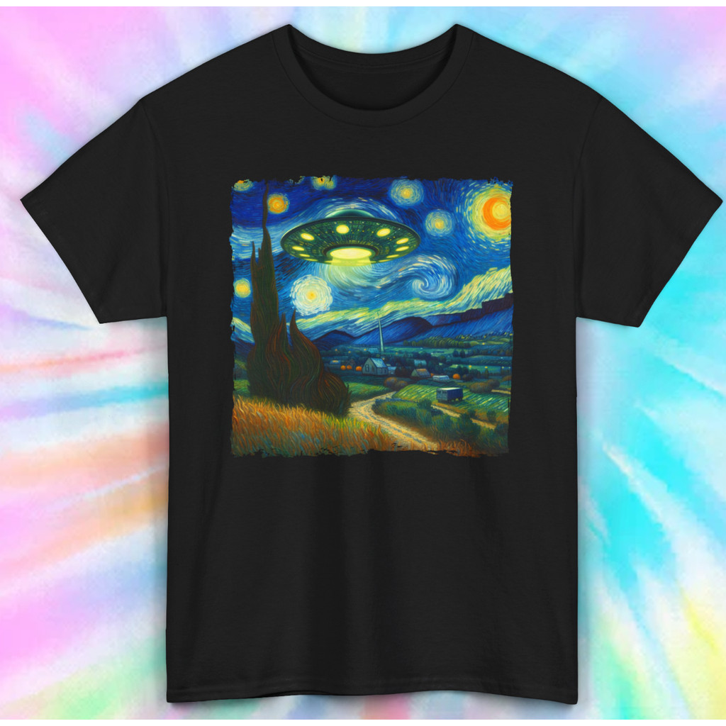 Áo thun đêm đầy sao Ufo | Van Gogh Alien Abduction Art Parody Tee L