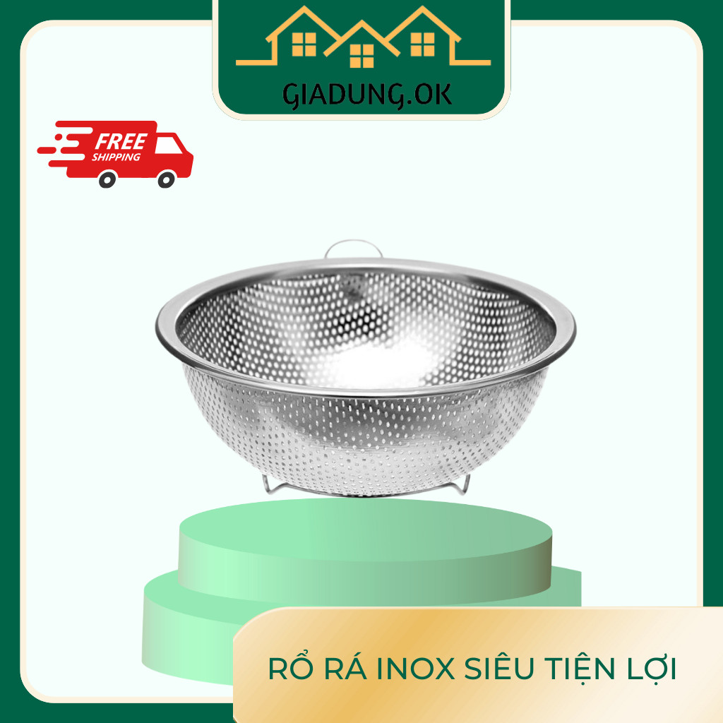Rổ inox 304 đa năng lỗ lưới nhỏ dày - Rổ tròn inox 304 có 3 chân cao ráo nước - Rá inox có quai treo
