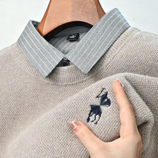 Paul Mùa Đông Phong Cách Mới Giả Hai Mảnh Áo Len Nam Nhiệt Áo Dệt Kim Trung Niên Lông Cừu Lót Dày Áo Chui Đầu