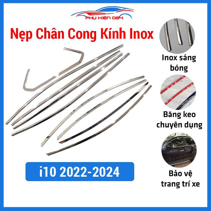 Bộ nẹp viền chân cong kính inox cho i10 2022-2023-2024 Sedan, Hatchback