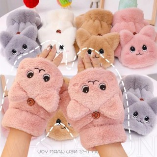  Găng tay hở ngón bằng polyester dày hình mèo hoạt hình dễ thương giữ ấm mùa đông cho nữ 