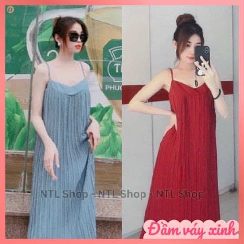 Đầm Suông, váy Maxi 2 dây dập ly cổ tim đi biển, Váy maxi suông 2 dây xếp ly dáng dài bầu, đầm maxi 