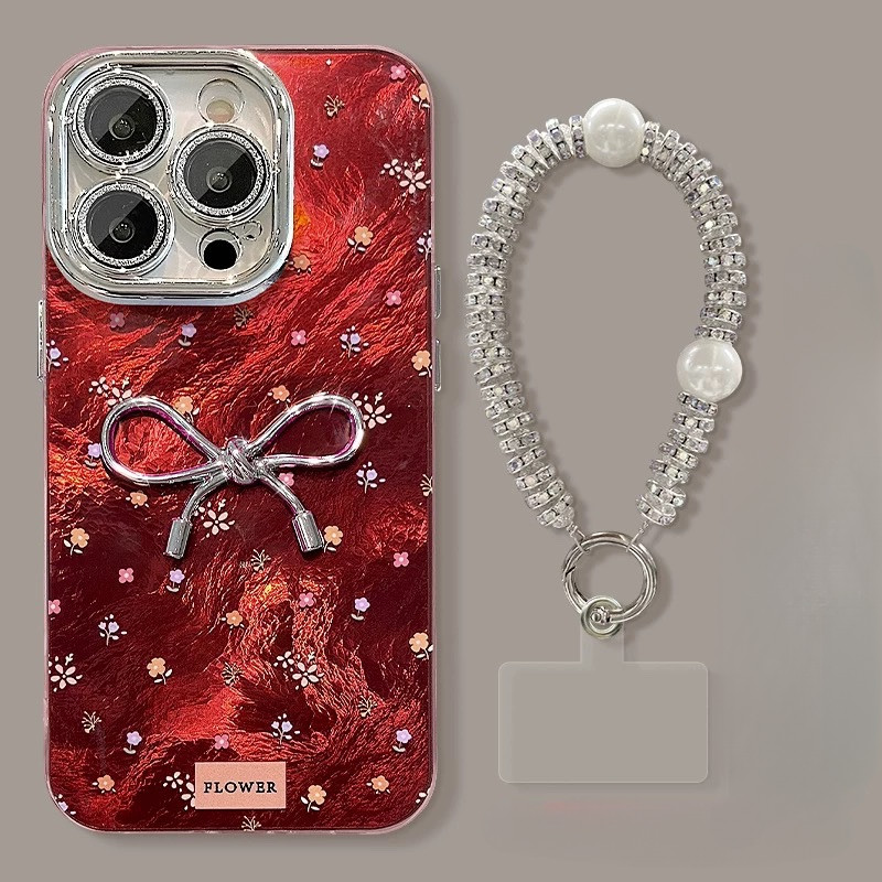 Ốp Điện Thoại Dây Xích Nơ Cho IPhone 16 13 11 14 15 12 Pro Max Plus 14Pro 13Pro 15Pro 12Pro Max 15Plus Ốp Lưng Mạ May Mắn Bảo Vệ Ống Kính Máy Ảnh Chống Sốc Mềm Dây Buộc