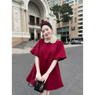 Đầm váy nữ diện TẾT,noel, đầm baby doll màu đỏ tay bồng cổ sen peter cườm,chất tuyết mưa cao cấp bầu bon chen