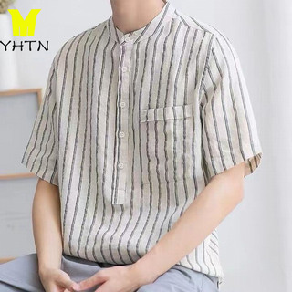  YHTN áo sơ mi nam cổ tàu chất lượng cao ngắn tay  somi áp cấp form rộng hàn quốc cộc kiểu so sơmi kẻ sọc xơ đũi trụ đẹp ao ái sơ mi nam cổ trụ 