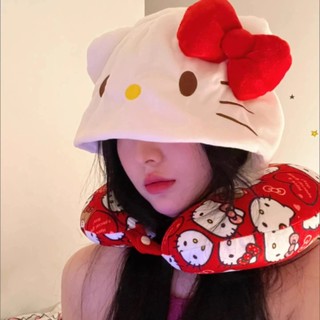 Gối hoạt hình anime Hellokitty hình chữ U có mũ, bảo vệ cổ, dùng khi ngủ ô tô