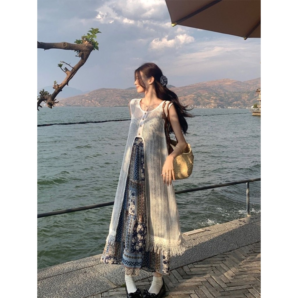Phong Cách Bohemian Rỗng Áo Vest Đầm Nữ Kỳ Nghỉ Rời Viền Dệt Kim Áo Hợp Thời Trang Phong Cách Bohemi
