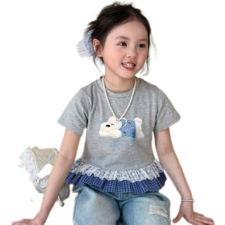 Áo thun ngắn tay dễ thương mới mùa hè cho bé gái, áo in hình hoạt hình ren phong cách Hàn Quốc cho trẻ em