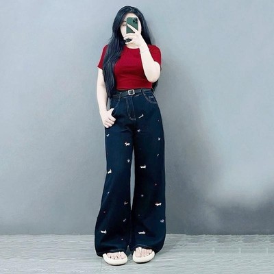 Quần Jean Bigsize Nữ Ống Suông Rộng Họa Tiết Thêu Dễ Thương Vải Denim Mềm Cho Chubby Q553