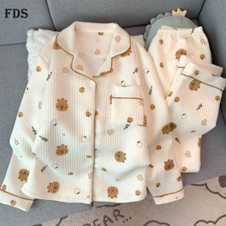 Bộ đồ ngủ chần bông không khí hai mặt FDS Bộ đồ mặc nhà dày dài tay MÙA THU ĐÔNG hoạt hình Nữ Bộ hai chiếc