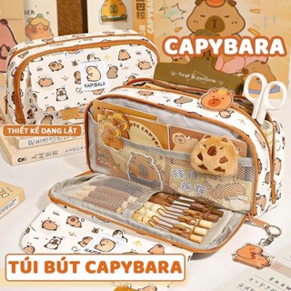 Túi Đựng Bút Capybara Vải To Nhiều Ngăn, Hộp Bút Cún Con Đen Trắng Cute Tiện Dụng
