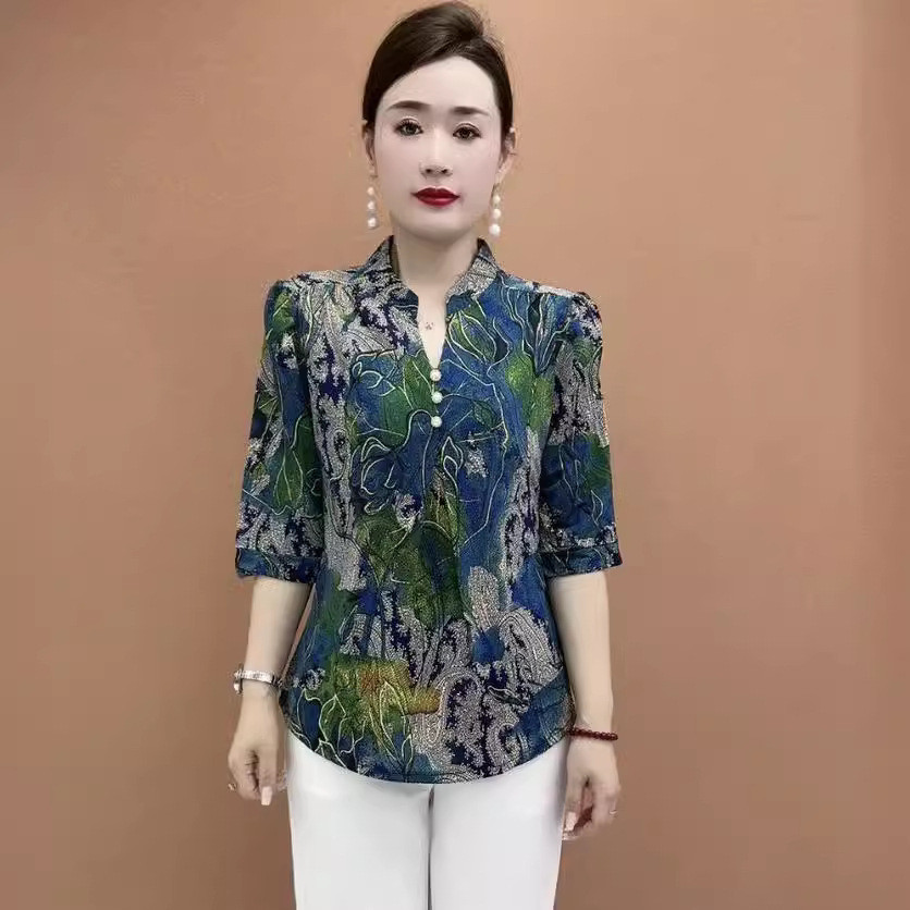Summer Middle-Aged Mom Shoulder Shirt Short Sleeve Fashion Loose T-shirt Comfortable Stretch Half Sl