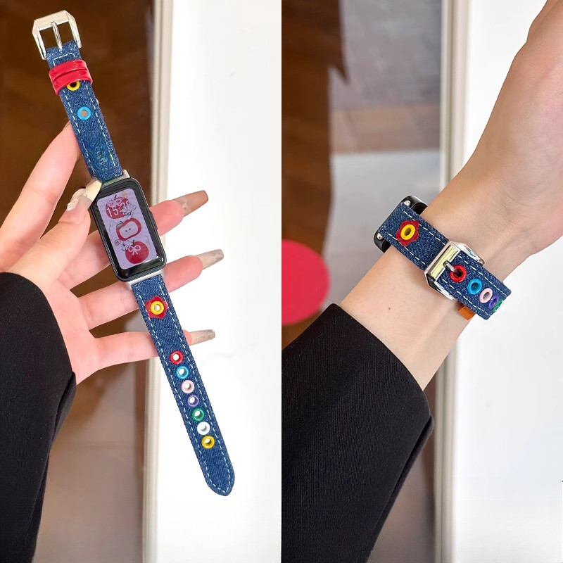 Dễ Thương Denim Da Hoa Dây Đeo Cho Huawei Band 10 9 8 NFC Slim Woman Vòng Tay Dây Đeo Huawei Band 10