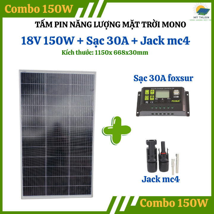 TẤM NĂNG LƯỢNG MẶT TRỜI MONO 18V 150W KÈM SẠC 30A FOXSUR - TẶNG JACK MC4 - CHÍNH HÃNG SOYER SOLAR