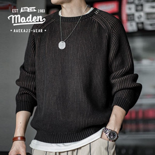 Maden Thương Hiệu Nam Thanh Niên Mùa Thu 2024 Phong Cách Mới Học Thuật Thời Trang Mỹ Retro Sọc Dọc Dệt Kim Áo Len Có Tay Raglan Cổ Tròn Dày Đế Dệt Kim Áo Len