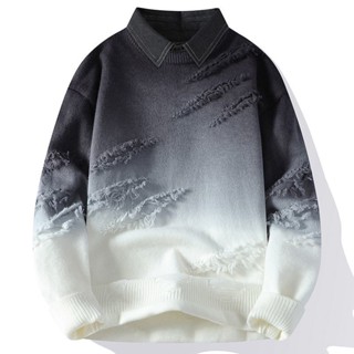  Màu Gradient Áo Len Nam Phong Cách Mùa Đông Giả Hai Mảnh Áo Len Nam Cổ Áo Sơ Mi Đáy Áo Sơ Mi Thanh Niên Rách Áo Len 