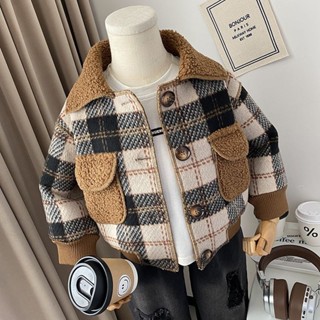 Bé Trai Phiên Bản Hàn Quốc Áo Khoác Kiểm Tra Thu Đông Phong Cách Mới Trẻ Em Lông Cừu Lót Dày Bé Trai Áo Khoác Ve Áo