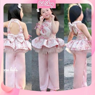 Set bộ bé gái CS734, Set áo cổ yếm hồng quần lụa 4 chi tiết cho bé gái mặc tết trung thu