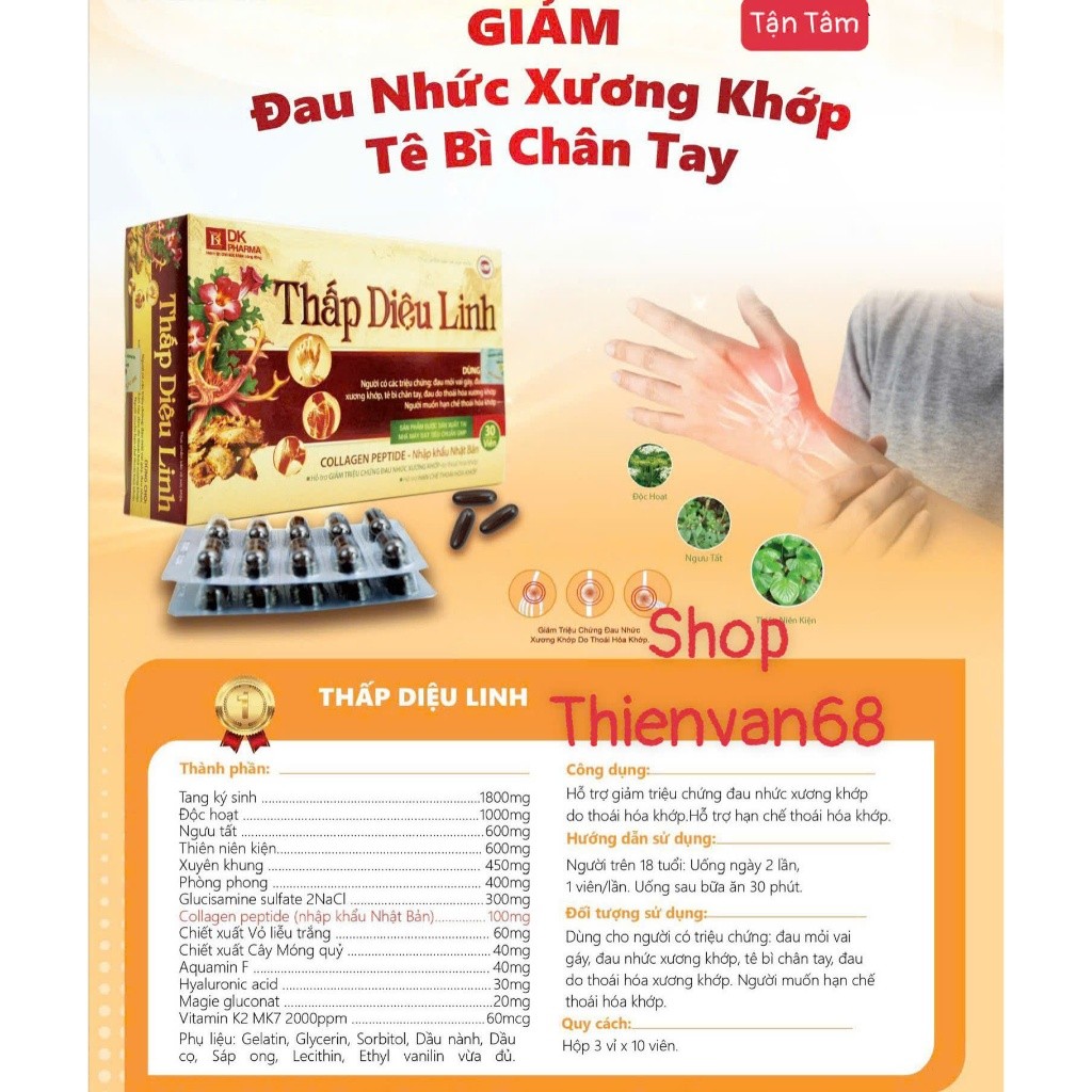 Viên uống Thấp Diệu Linh: giảm đau nhức xương khớp tê bì chân tay, Tái tạo Sụn Khớp (30 viên/hộp)