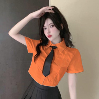 Áo sơ mi croptop tay ngắn cổ bẻ túi nắp kèm cà vạt (ko có logo ở túi nhé , áo sơ mi tay ngắn kèm hình thật alohashop91