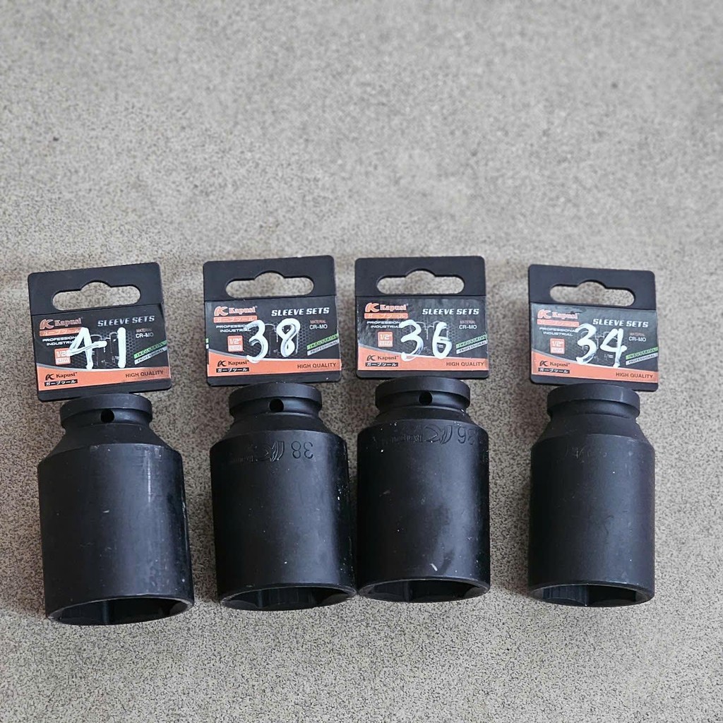 Khẩu 1/2 đen dài 78mm KAPUSI. Cỡ từ 34-36-38-41 mm. Thép Cr-Mo, tuýp đen, đầu khẩu 6 cạnh đuôi 12.7m