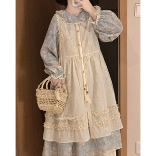  Set váy hoa xanh dài tay cổ bèo váy đũi ren phối viền bèo cột dây tua rua vibe xinh xắn dễ thương 