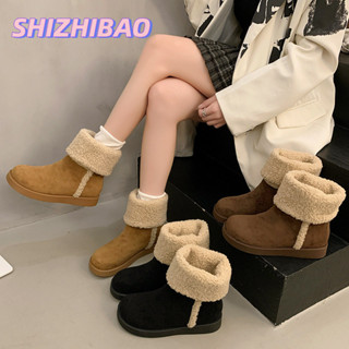  SHIZHIBAO Flat thu đông cộng với giày cotton nhung dành cho nữ thùng ngắn cổ điển ấm áp giày bốt 