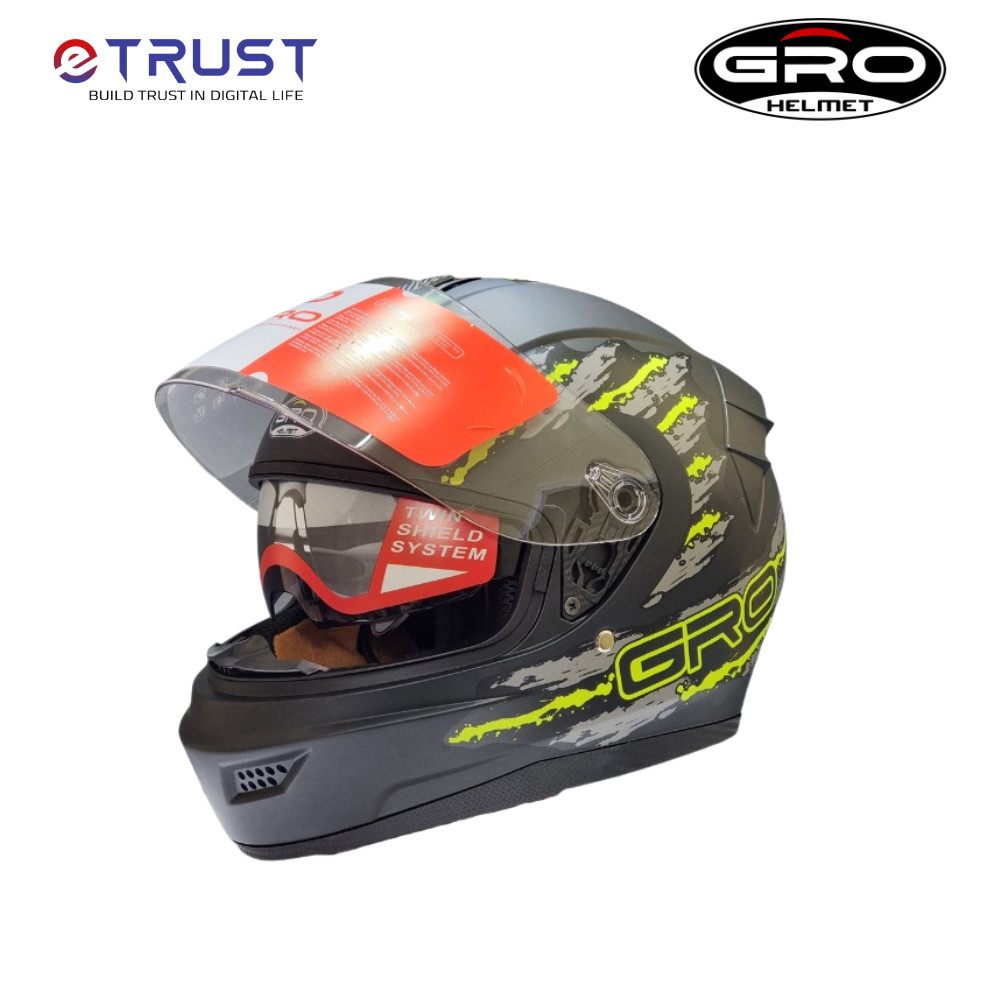 Mũ bảo hiểm trùm đầu GRO HELMET 2 kính mẫu tem dán sang trọng bảo hành 12 tháng