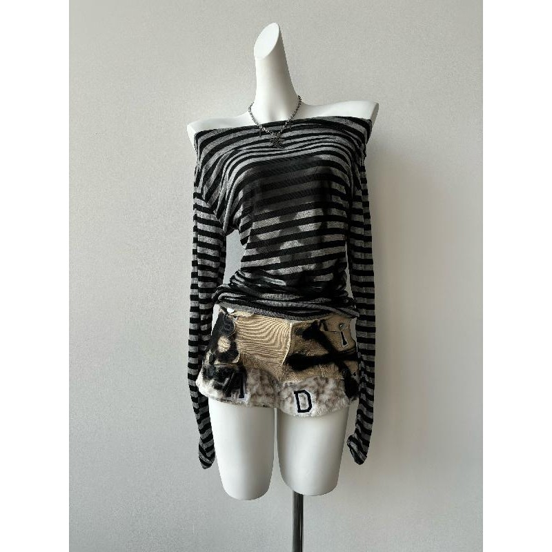 Printing remake Design Central Asian Striped Hot Girl Long Sleeve Punk off-Shoulder Shibuya Asian Cu