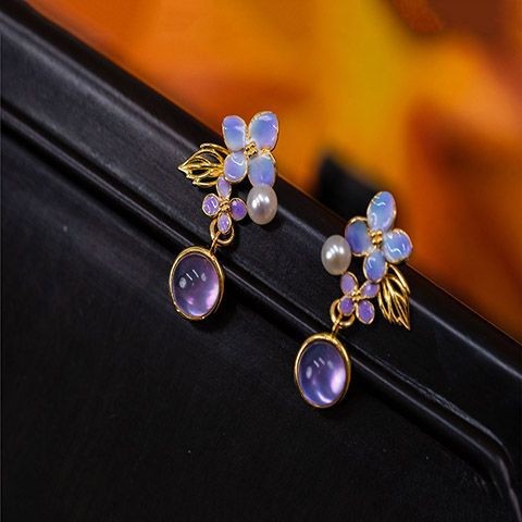 Bông tai hoa wisteria, đá thạch anh tím, đá mặt trăng, bông tai ngọc trai