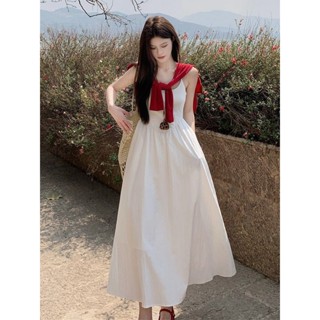 Set váy 2 dây A-line dáng dài chít eo tôn dáng, áo cardigan đỏ dài tay kiểu Pháp nhẹ nhàng thanh lịch