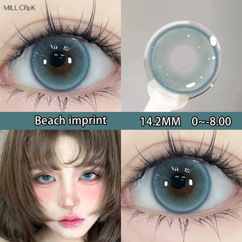 （COD)Ống kính tiếp xúc màu xanh Mill Creek với lớp 0 ~ -8,00 Ống kính cận thị 14,2MM Ống kính tiếp x