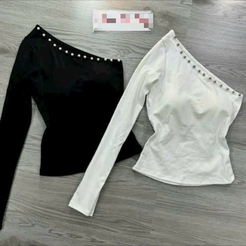 áo chéo lệch vai viền hạt bên tay dài bozip có mút , áo thun lệch vai tay dài khoe xương vai xanh al