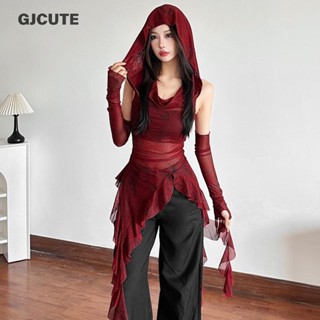 Gjcute Áo thun không tay có mũ trùm đầu lưới dành cho nữ Slim Fit Phong cách đường phố Áo Vest Slim Fit Hot Girl WTD