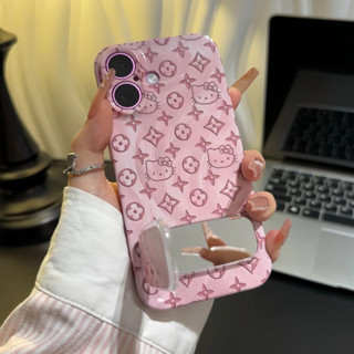 Ốp lưng có gương iPhone 16 15 14 13 12 11 Pro Max X XR XS Max 7 8 Plus SE2020 có giá đỡ Hello Kitty nơ cứng chống sốc và họa tiết mèo cute